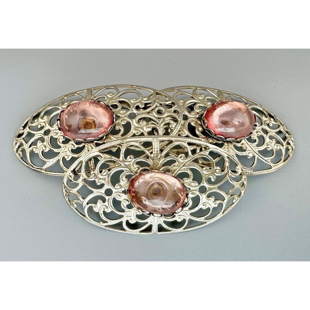 Vintage Art Deco Czech Brooch Pink Glass Articulated Filigree Statement Pin